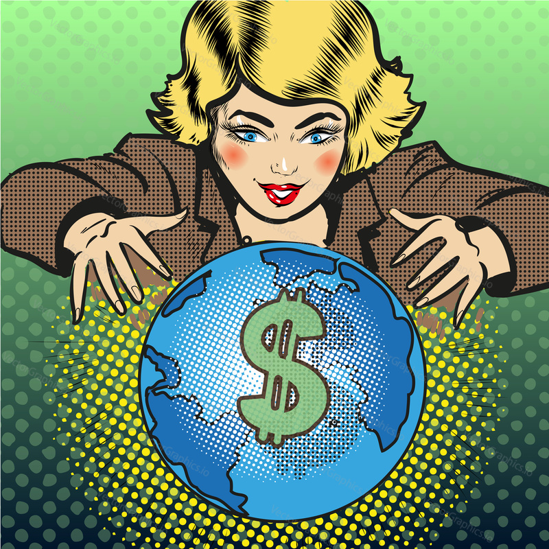 Vector pop art illustration of young businesswoman trying to take the globe with dollar sign in her hands. Global business concept in retro pop art comic style.