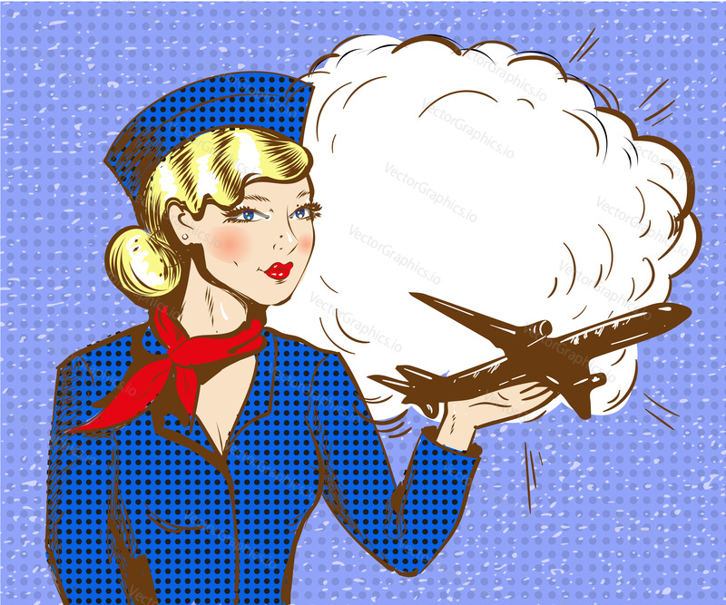 Vector illustration of beautiful woman holding airplane on her hand. Stewardess in retro pop art comic style.