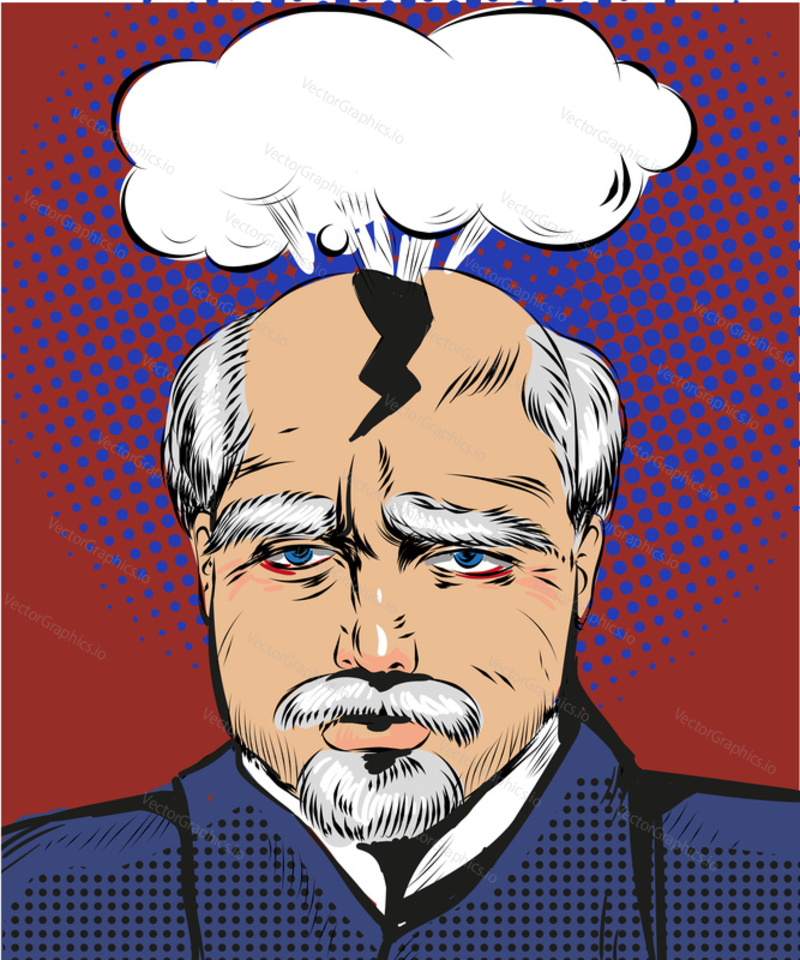Vector illustration of elderly man having splitting headache of troubles and problems in retro pop art comic style.
