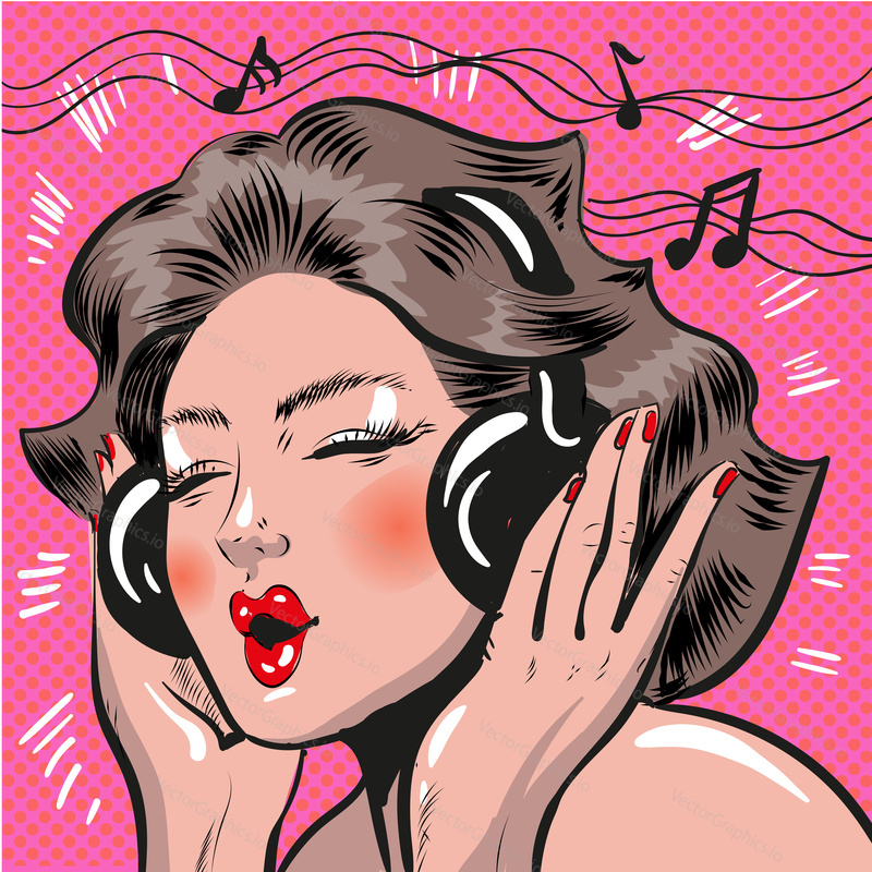 Vector illustration of young woman listening to music with eyes closed. Girl in headphones in retro pop art comic style.