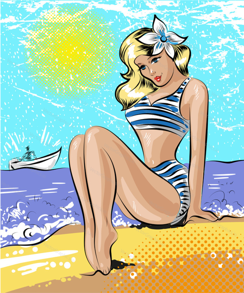 Vector illustration of woman in swimsuit sitting on sand at the seaside. Beach holidays template in retro pop art comic style.