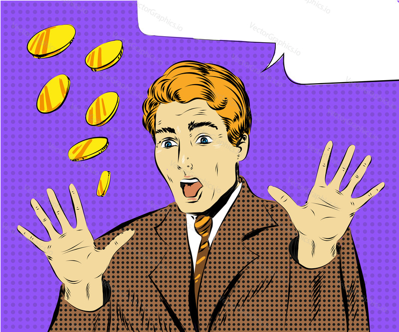 Vector illustration of amazed businessman with arms raised, speech bubble. Surprised man in pop art retro comic style.
