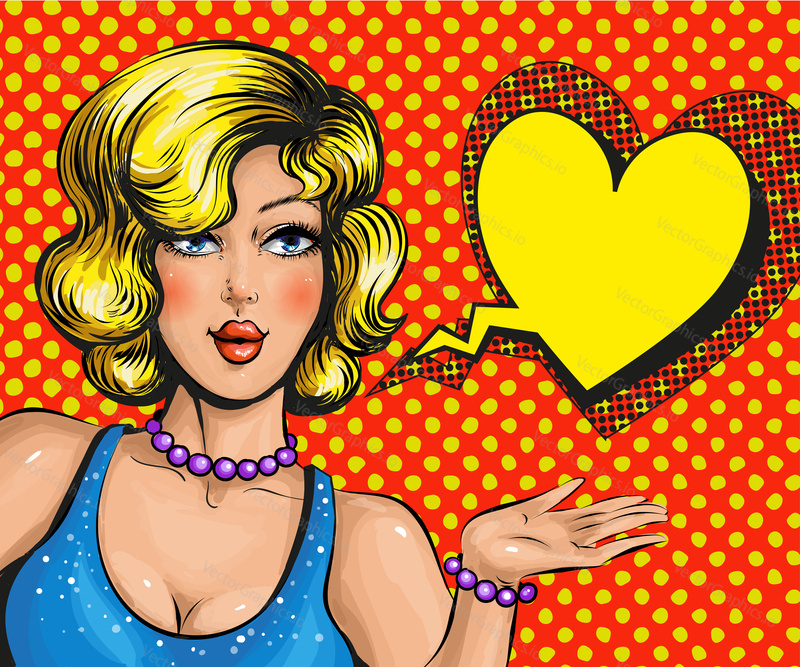 Vector illustration of beautiful woman with heart shape speech bubble. Pretty blonde girl in love, retro pop art comic style.