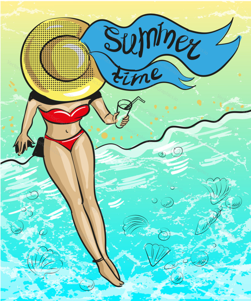 Vector illustration of woman in swimsuit and sun hat relaxing at the seaside. Beach holidays template in retro pop art comic style.
