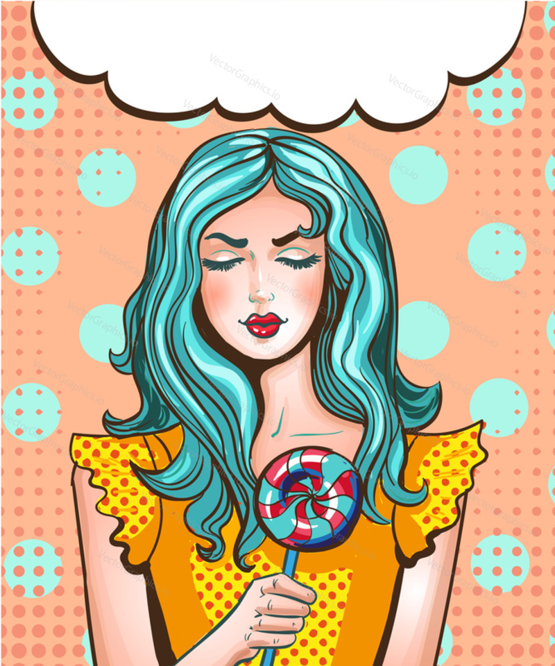 Vector illustration of beautiful woman with sweet candy. Pin-up girl portrait in retro pop art comic style.