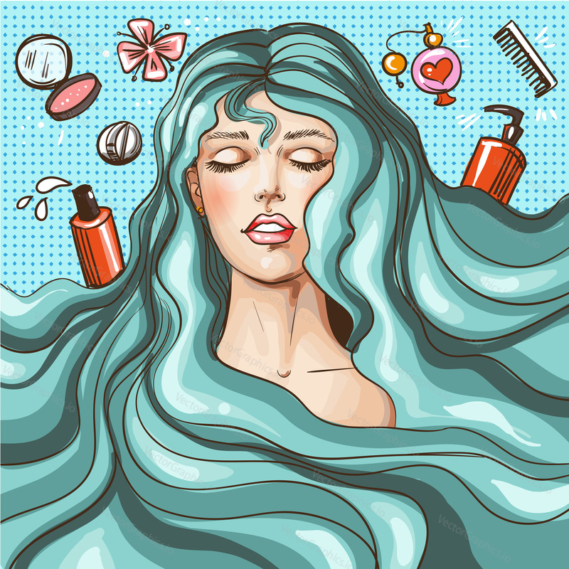 Vector illustration of beautiful woman with long wavy hair and perfume, hair products, makeup around her. Beauty salon or hairdressing salon poster in retro pop art comic style.