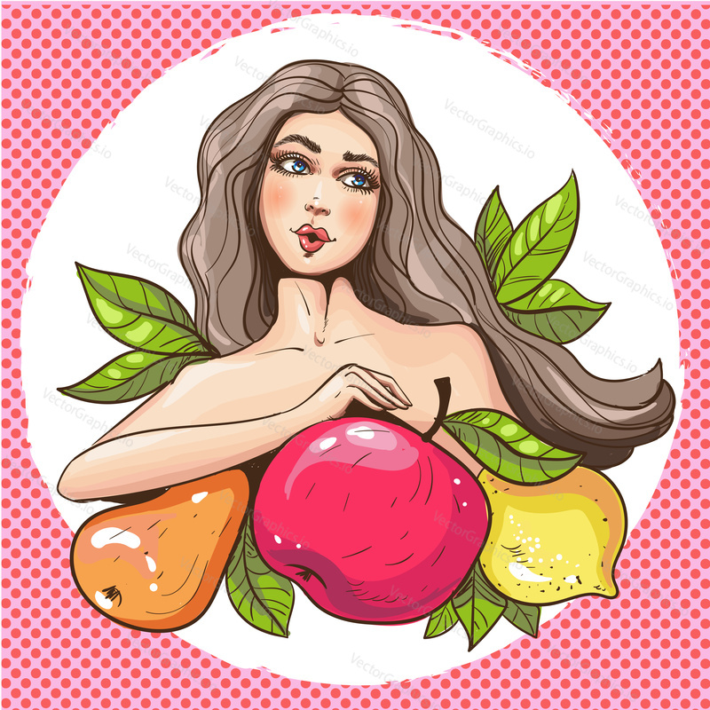 Vector illustration of sexy pin up girl with fruits. Beautiful glamour woman portrait in retro pop art comic style.