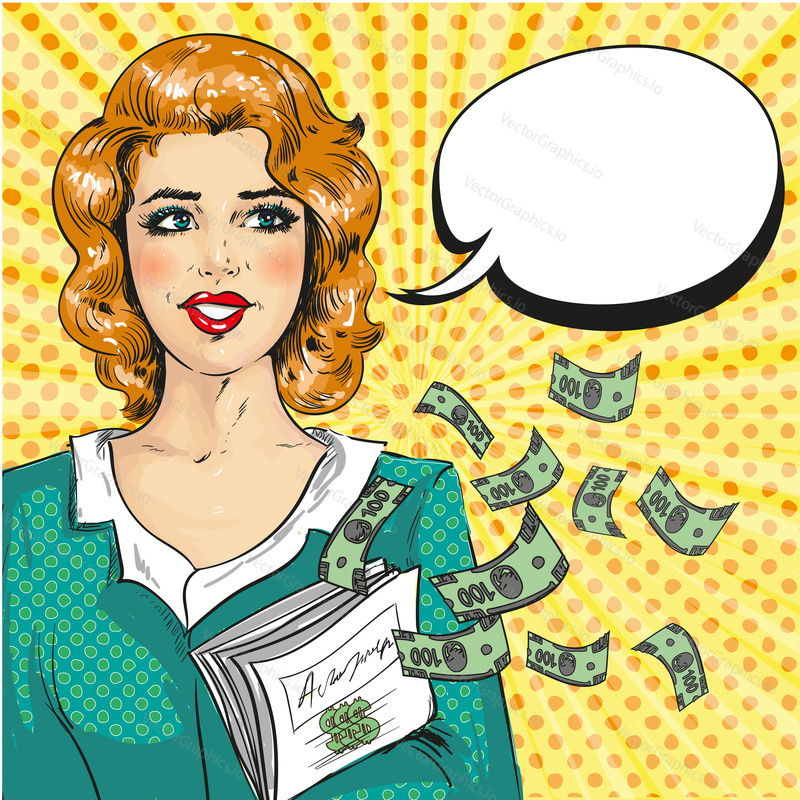 Vector illustration of successful business woman thinking about money, thought bubble in retro pop art comic style.
