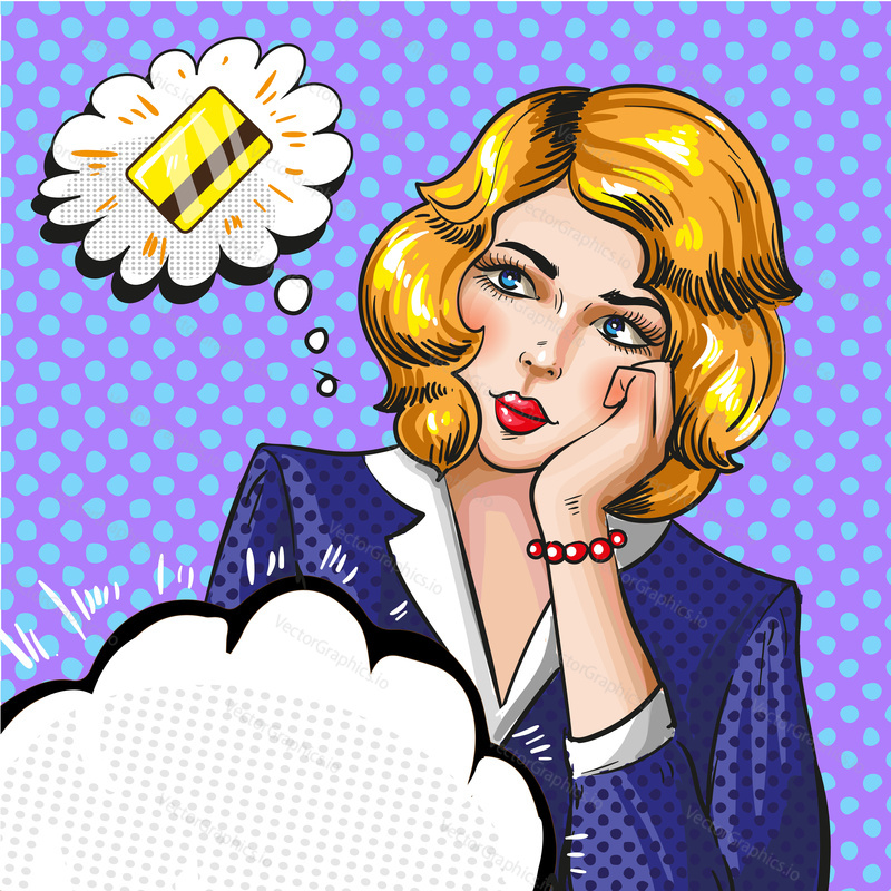Vector illustration of woman thinking about credit card in retro pop art comic style. Speech bubble.