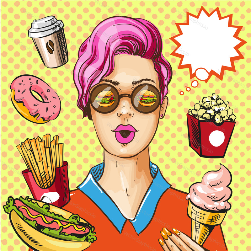Vector illustration of lady with burgers in her eyes and paper coffee cup, appetizing donut, pop corn, hot dog, french fries, ice cream, thought bubble. Fast food poster in retro pop art comic style.