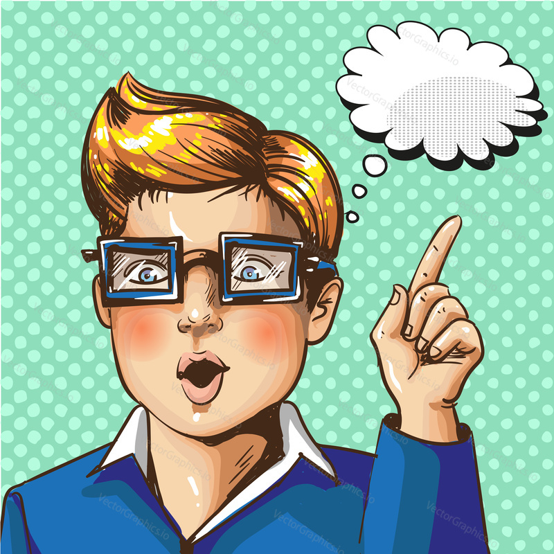 Vector illustration of young boy in glasses with forefinger up gesture, hand sign, thought bubble in retro pop art comic style.