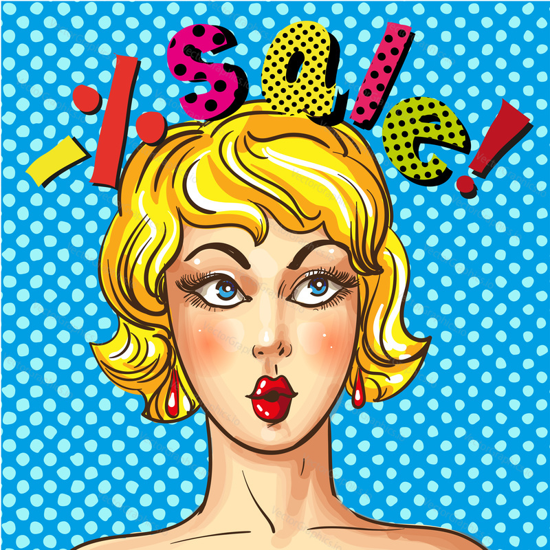 Vector illustration of surprised blonde woman and sale lettering. Discounts and sales advertising poster in retro pop art comic style.