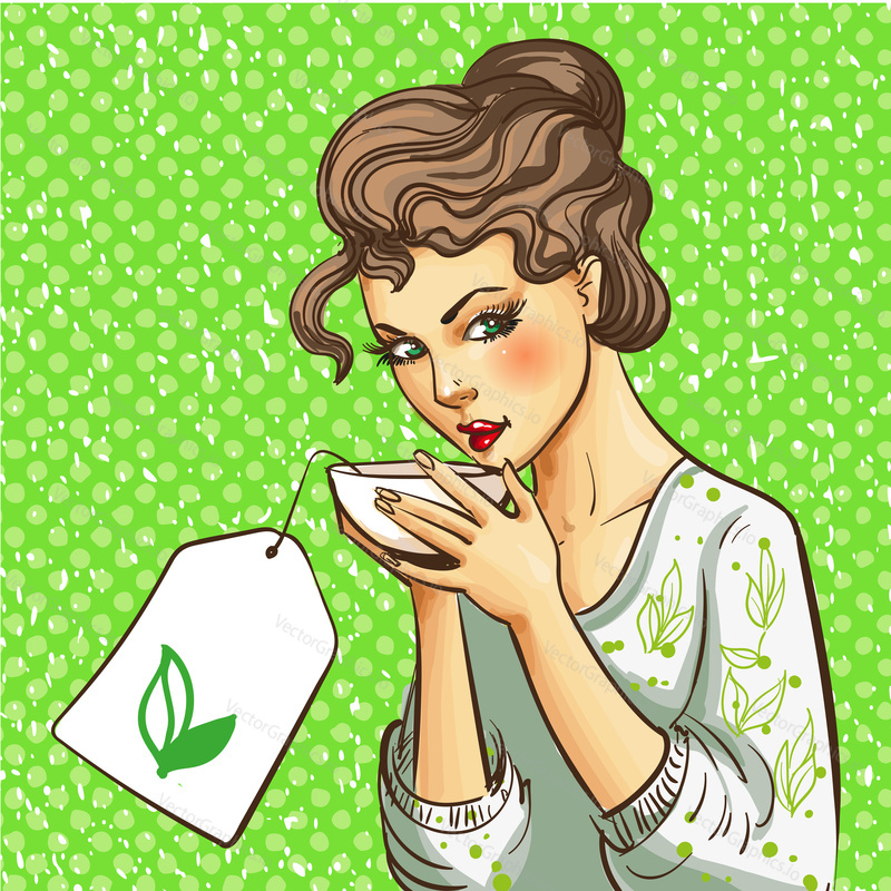 Vector illustration of woman with cup of tea. Pin-up girl portrait in retro pop art comic style.
