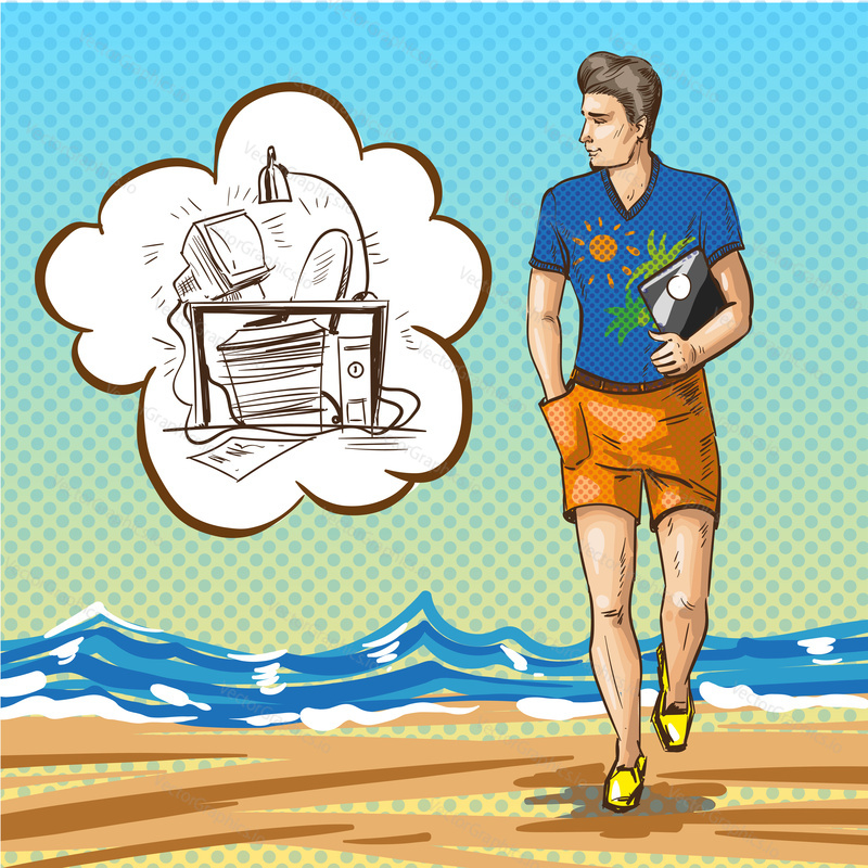 Vector illustration of handsome man walking along the beach and thinking about office work, thought bubble. Summer beach holiday poster in retro pop art comic style.