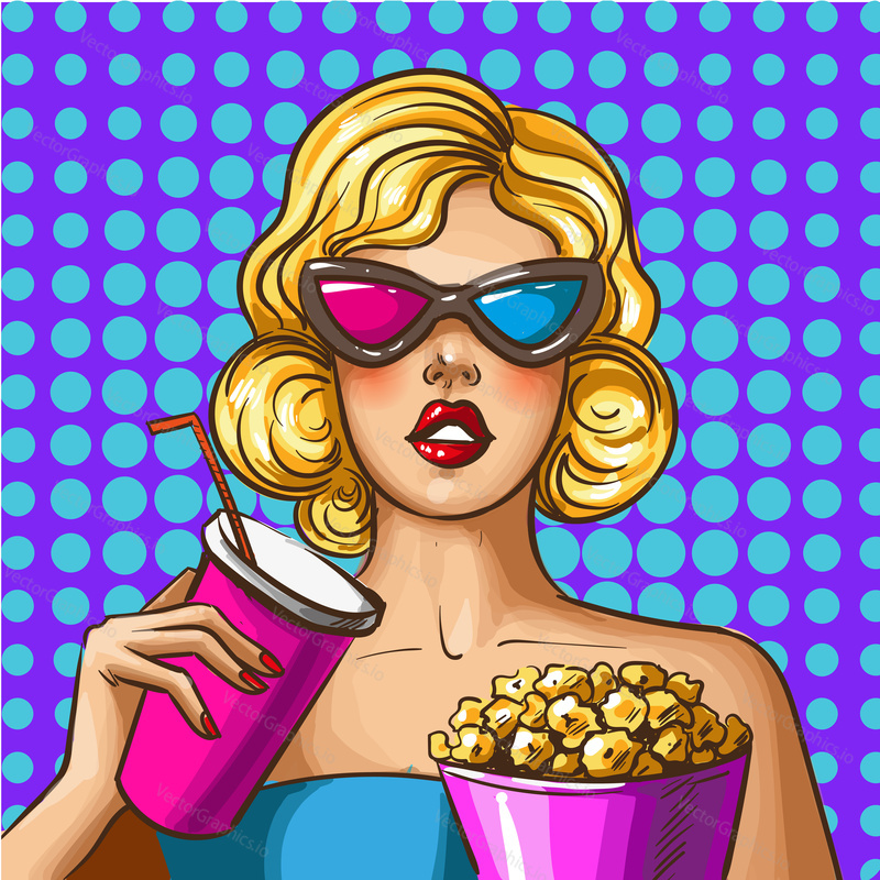 Vector illustration of beautiful blonde girl in 3d glasses with popcorn and soda or cola. Movie theater or cinema poster in retro pop art comic style.