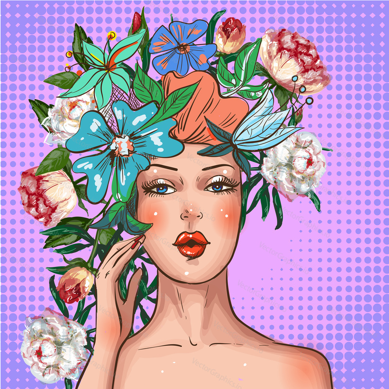 Vector illustration of beautiful young woman with flower wreath on her head. Sexy pin-up girl in retro pop art comic style.
