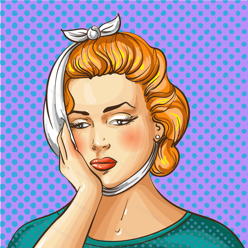Vector illustration of young woman having toothache in retro pop art comic style.
