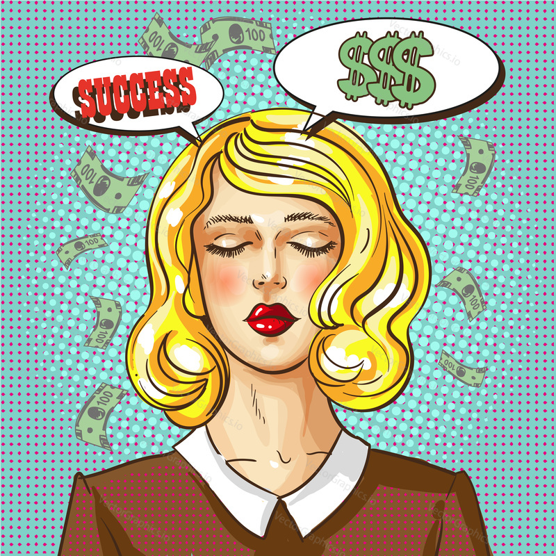 Vector illustration of young girl or business woman dreaming about money and success, thought bubbles in retro pop art comic style.