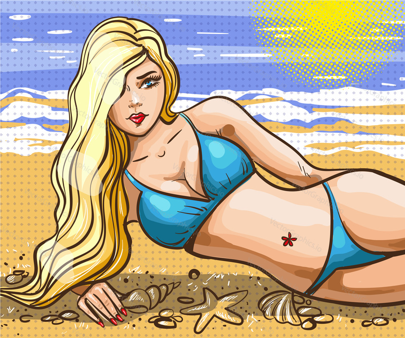 Vector illustration of beautiful blond girl in blue swimsuit lying on sand. Summer beach holiday poster in retro pop art comic style.