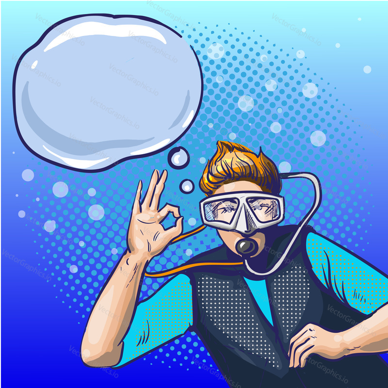 Vector illustration of swimming underwater man in scuba diving equipment showing ok hand sign. Diver male in retro pop art comic style.