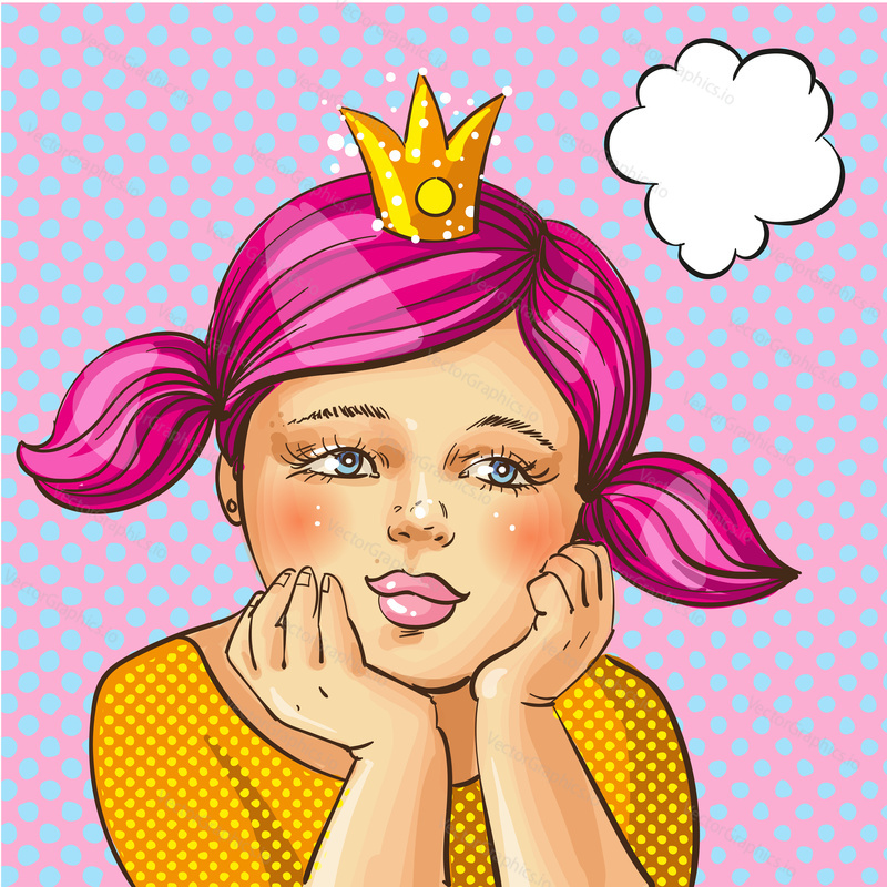Vector illustration of cute girl with gold crown on her head, thought bubble. Girl dreaming to be princess in retro pop art comic style.
