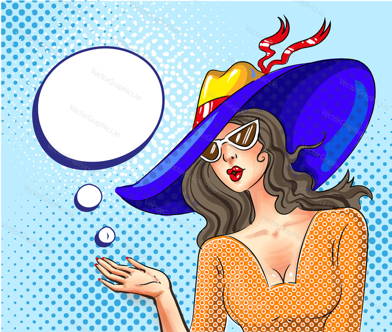 Vector illustration of pretty young girl in sun hat and sunglasses, speech bubble. Woman with open palm hand gesture in retro pop art comic style.
