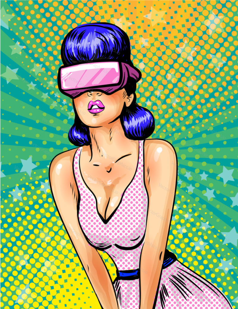 Vector illustration of pretty young woman in virtual reality glasses. Pin-up girl portrait in retro pop art comic style.