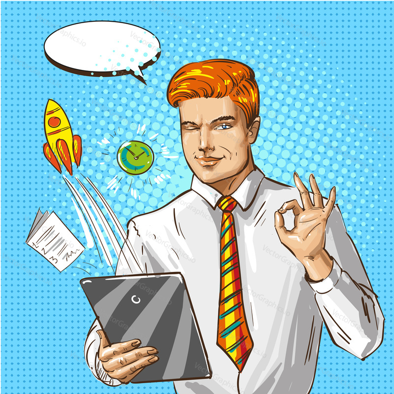 Vector illustration of businessman with tablet showing ok hand sign in retro pop art comic style.