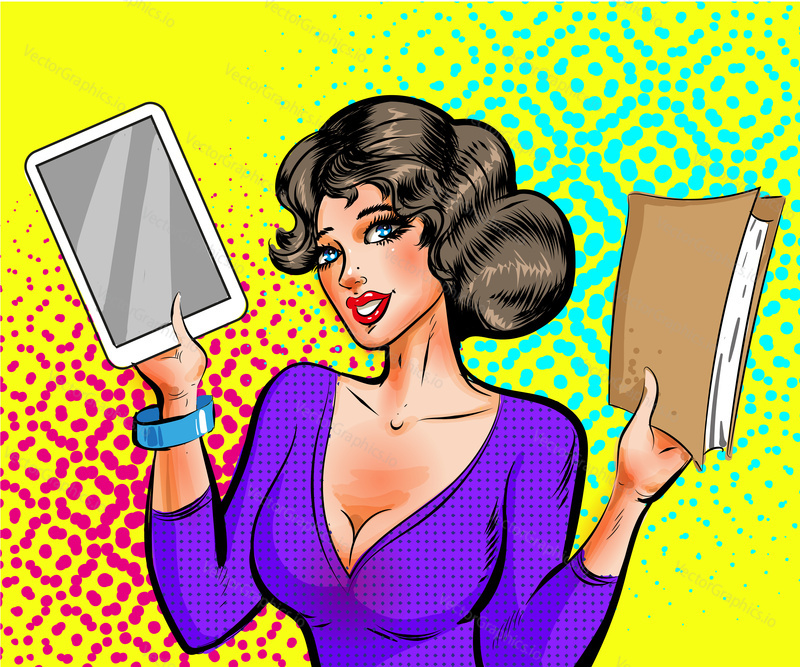 Vector illustration of young woman holding book in one hand and e-reader in the other. Beautiful girl portrait in retro pop art comic style.