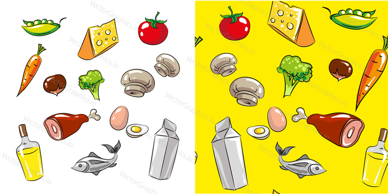 Vector food and drink icon set and seamless pattern with vegetables, meat, fish, cheese, milk, oil bottle, mushrooms and eggs. Healthy eating concept hand drawn illustration.