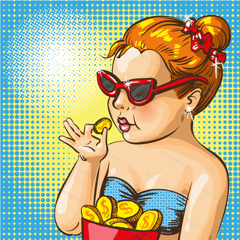 Vector illustration of kid girl playing with gold coins on beach. Kids savings concept poster in retro pop art comic style.
