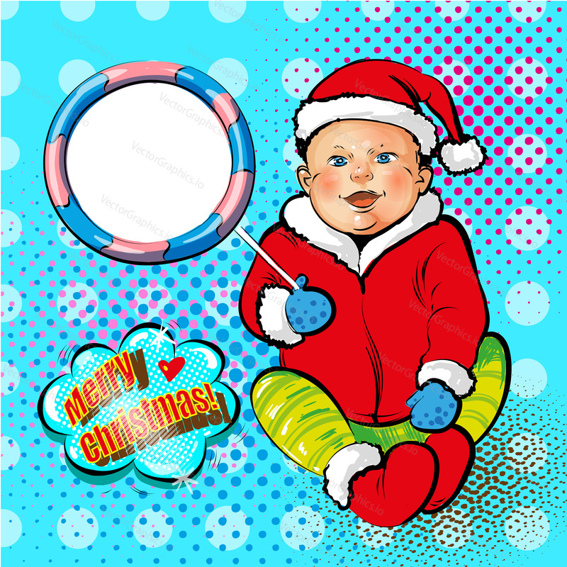 Vector illustration of cute smiling baby in Santa Claus costume. Merry Christmas and Happy New Year concept in retro pop art comic style.