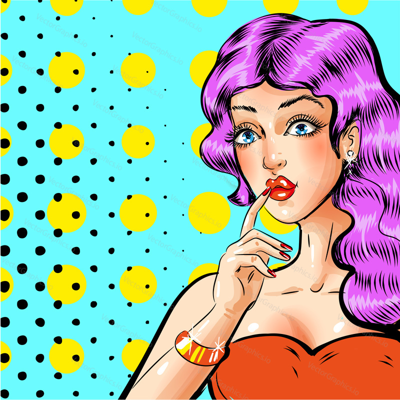 Vector illustration of beautiful pin up girl with finger on lips. Woman thinking in retro pop art comic style.