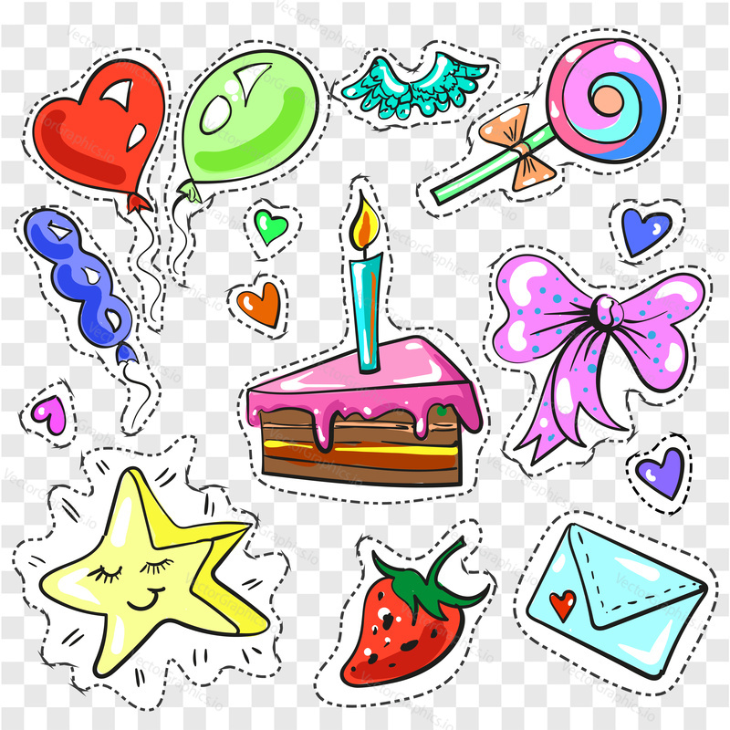 Vector vintage pop art patches, stickers set with slice of cake with candle, bow, balloons, candies, strawberry, smiling star, envelope, wings, hearts. Badges for girls birthday party celebration.