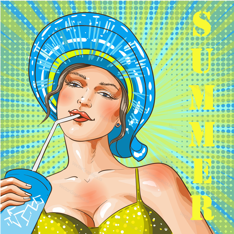 Vector illustration of woman in swimsuit and sun hat drinking cocktail. Summer beach holiday poster in retro pop art comic style.