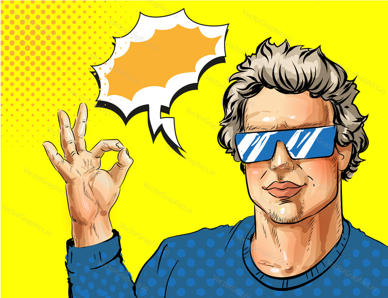 Vector illustration of young man in eyeglasses showing ok hand sign, speech bubble. Handsome man portrait in retro pop art comic style.