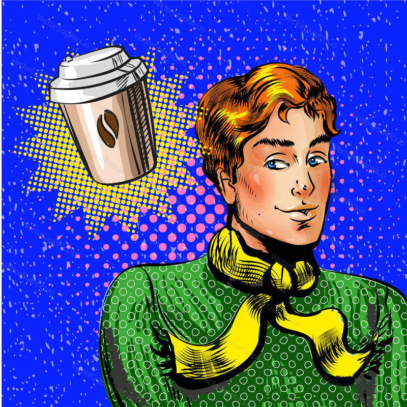 Vector illustration of handsome man thinking about cup of coffee. Coffee time concept in retro pop art comic style.