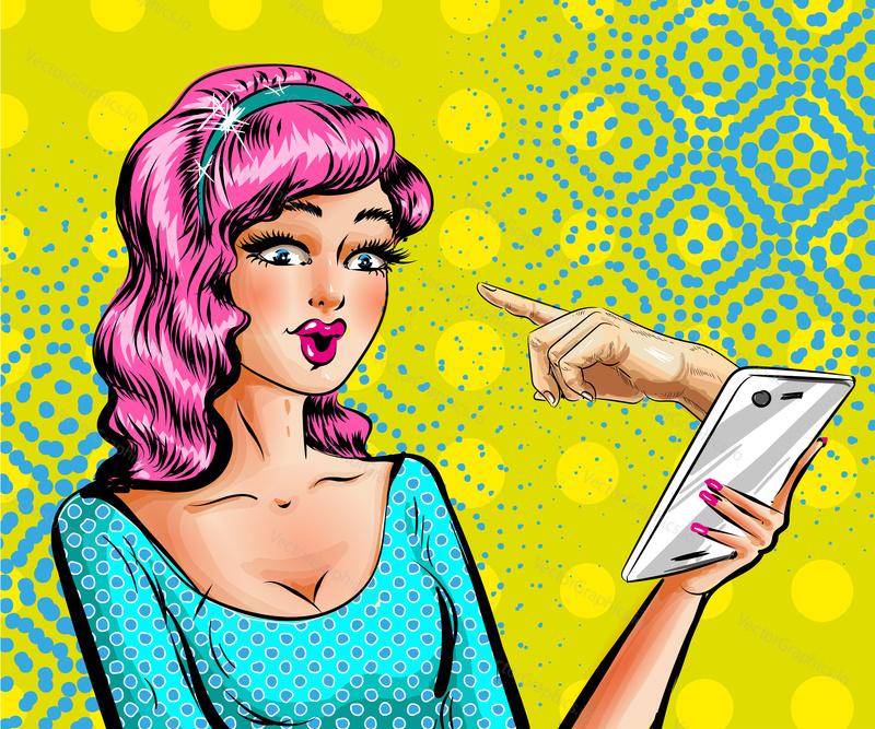 Vector illustration of beautiful woman holding smartphone with human hand pointing finger hand gesture. Retro pop art comic style.