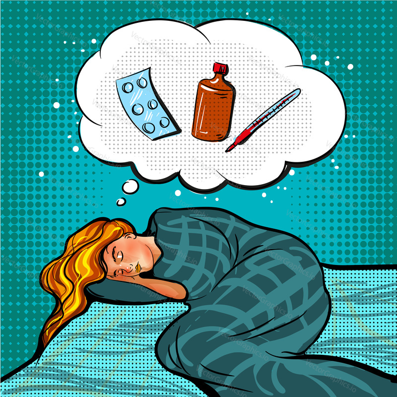 Vector illustration of young woman catching a cold. Sleeping girl, thought bubble with pills, medicine bottle and thermometer in retro pop art comic style.