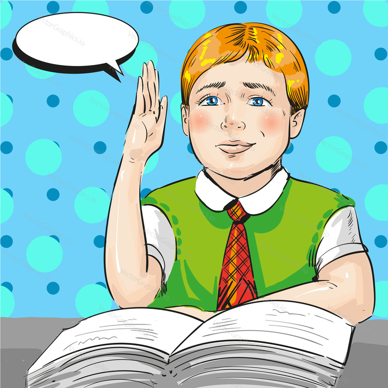 Vector illustration of schoolboy sitting at desk with opened book on it. Clever pupil with raised hand ready to answer the question. Back to school poster in retro pop art comic style.