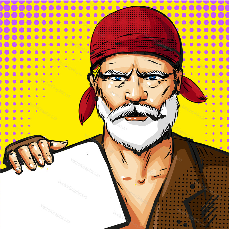 Vector illustration of senior man with grey beard and moustache wearing red bandana in retro pop art comic style.