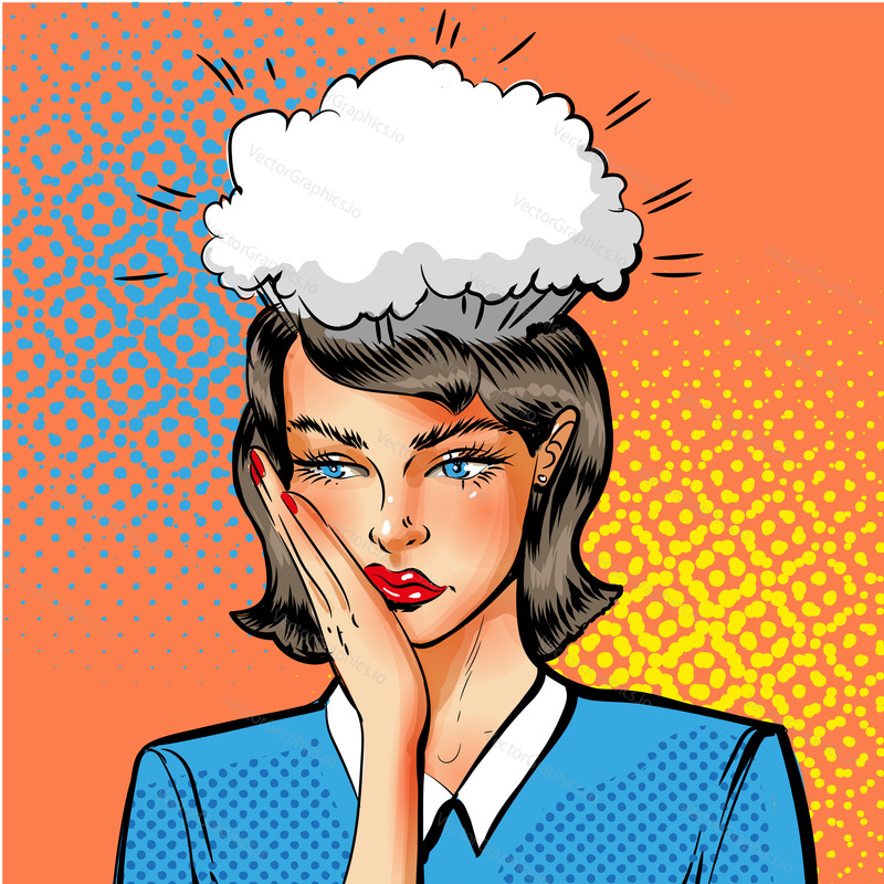 Vector illustration of beautiful young woman having problems. Sad girl portrait in retro pop art comic style.