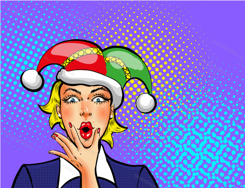 Vector illustration of april fools day woman in jester hat. Beautiful woman clown in retro pop art comic style.