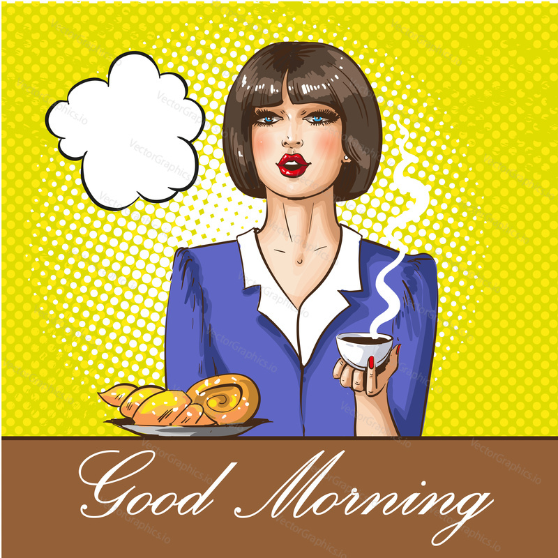 Vector illustration of beautiful woman holding cup of coffee, good morning lettering and thought bubble. Coffee time concept design element in retro pop art comic style.