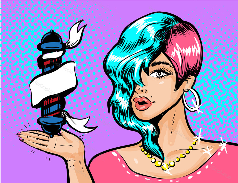 Vector vintage barbershop ad design template. Beautiful woman hair stylist with dyed hair holding barber shop pole in retro pop art comic style.