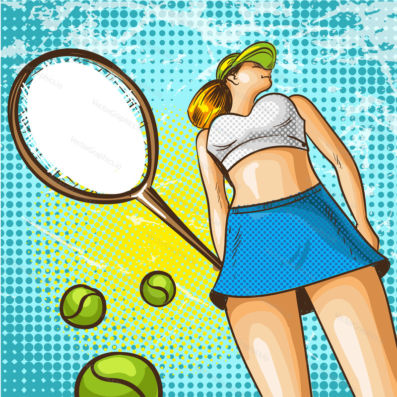 Vector illustration of tennis player female. Beautiful young woman with tennis racket in retro pop art comic style.