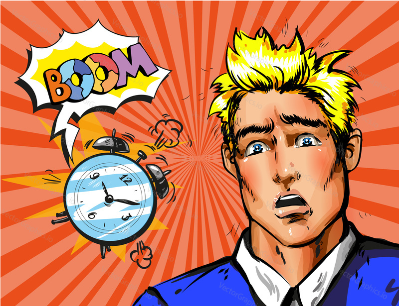 Vector illustration of handsome young man, alarm clock and boom speech bubble. Panic man waking up late in the morning in retro pop art comic style.