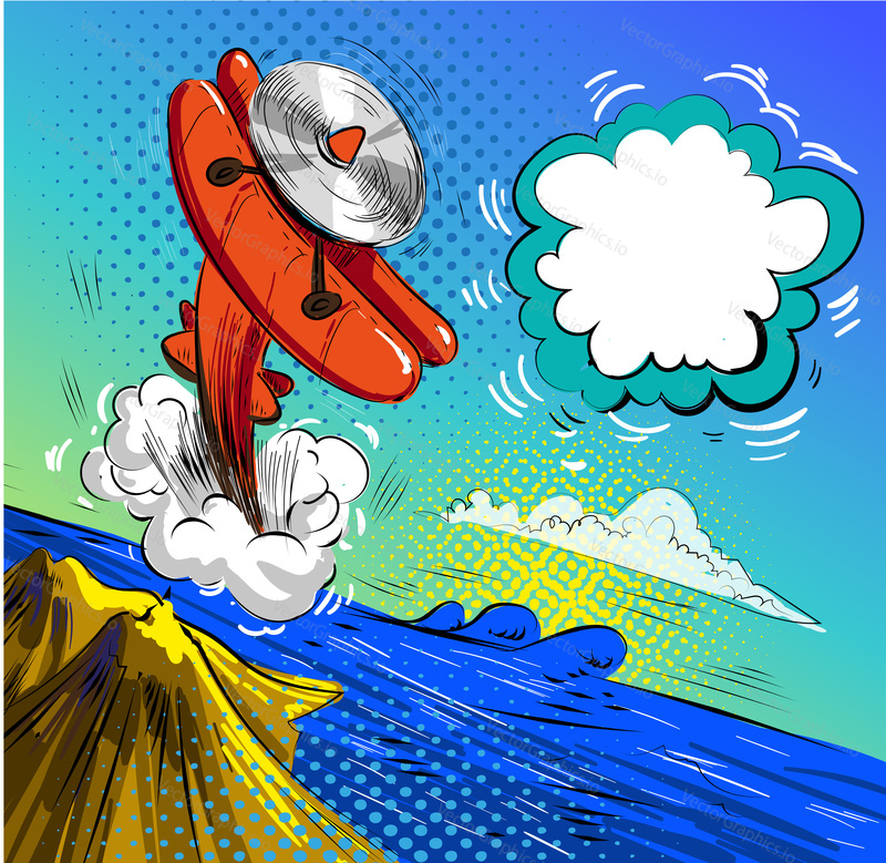 Airplane crash over the sea vector sketch illustration. Falling aircraft in retro pop art comic style.