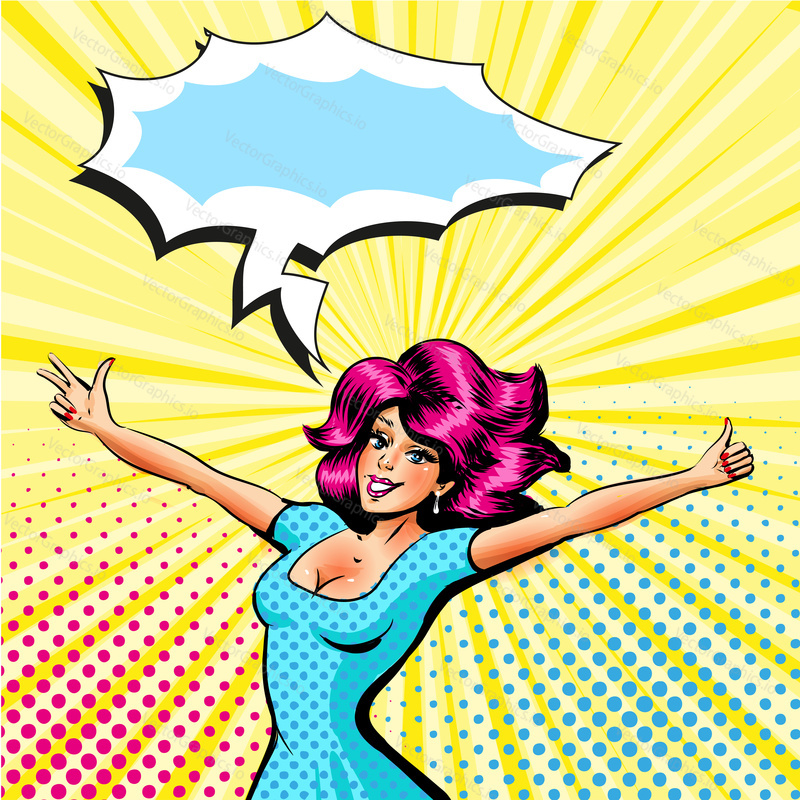Vector illustration of beautiful smiling girl with her hands outstretched, speech bubble. Happy woman showing thumb up and hand sign with three fingers in retro pop art comic style.