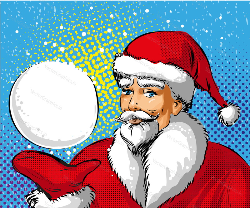 Vector illustration of Santa Claus in red costume showing big snowball. Merry Christmas and Happy New Year concept in retro pop art comic style.